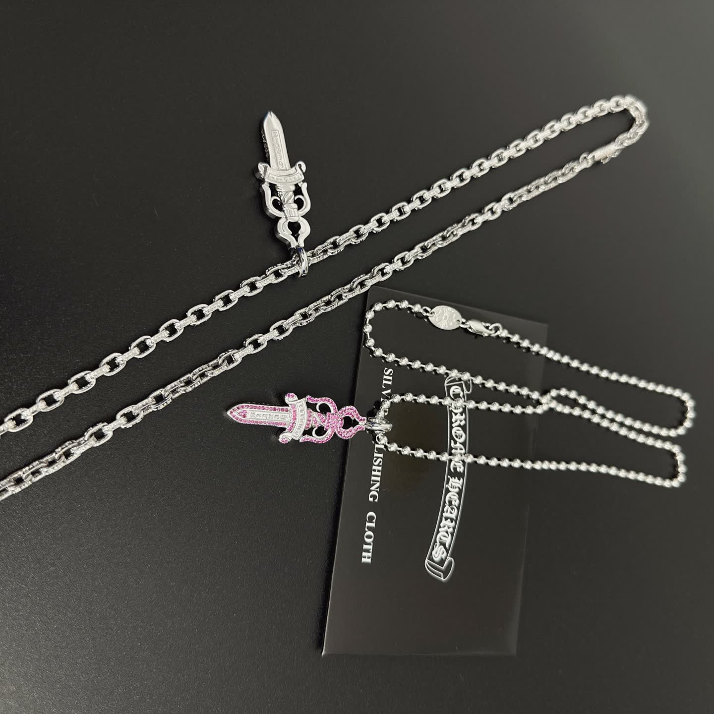 Chrome Hearts Silver Sword Pendant Necklace with Pink Stones